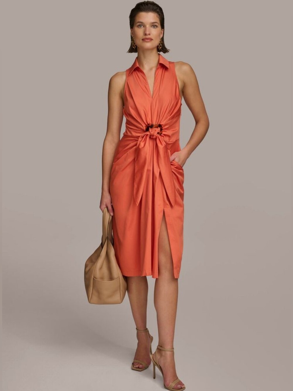 NWT Donna Karan Sleeveless Belted Orange Knot-Front Midi Dress Sz 6 100% Cotton